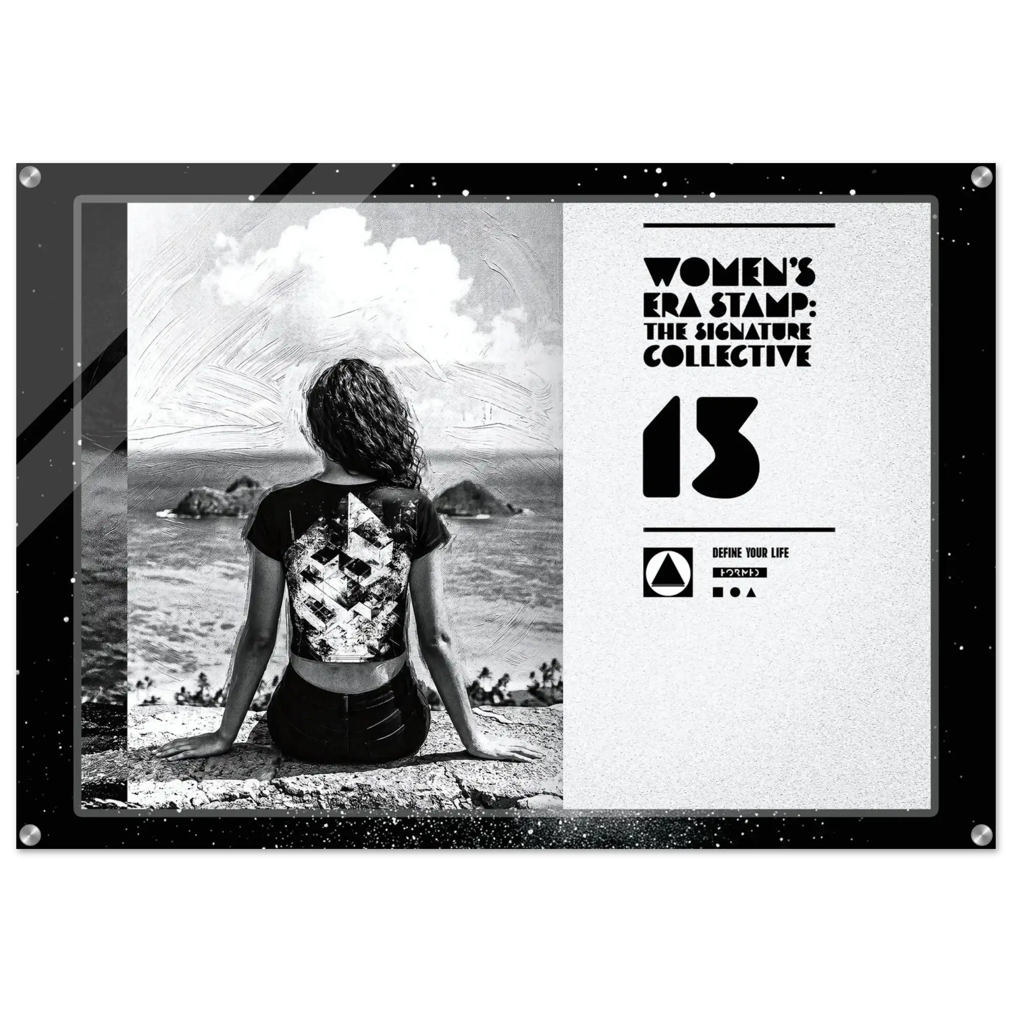 Black and white poster with a woman sitting on a beach and branding text.