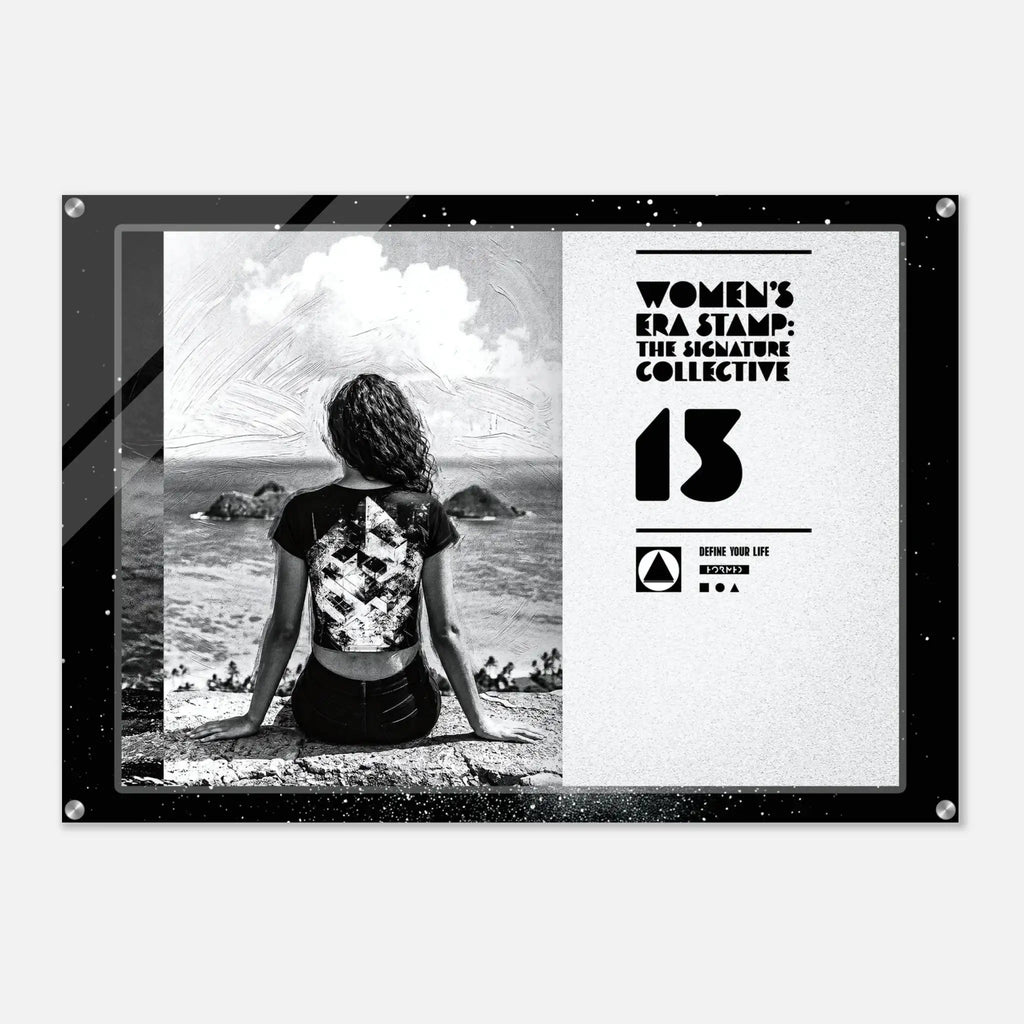 Poster with a woman sitting on a beach and text about 'Women's Era Stamp' on a white background