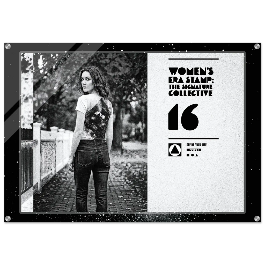 Black and white photo of a woman outdoors with a branded graphic on the right.