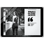 Black and white photo of a woman outdoors with a branded graphic on the right.