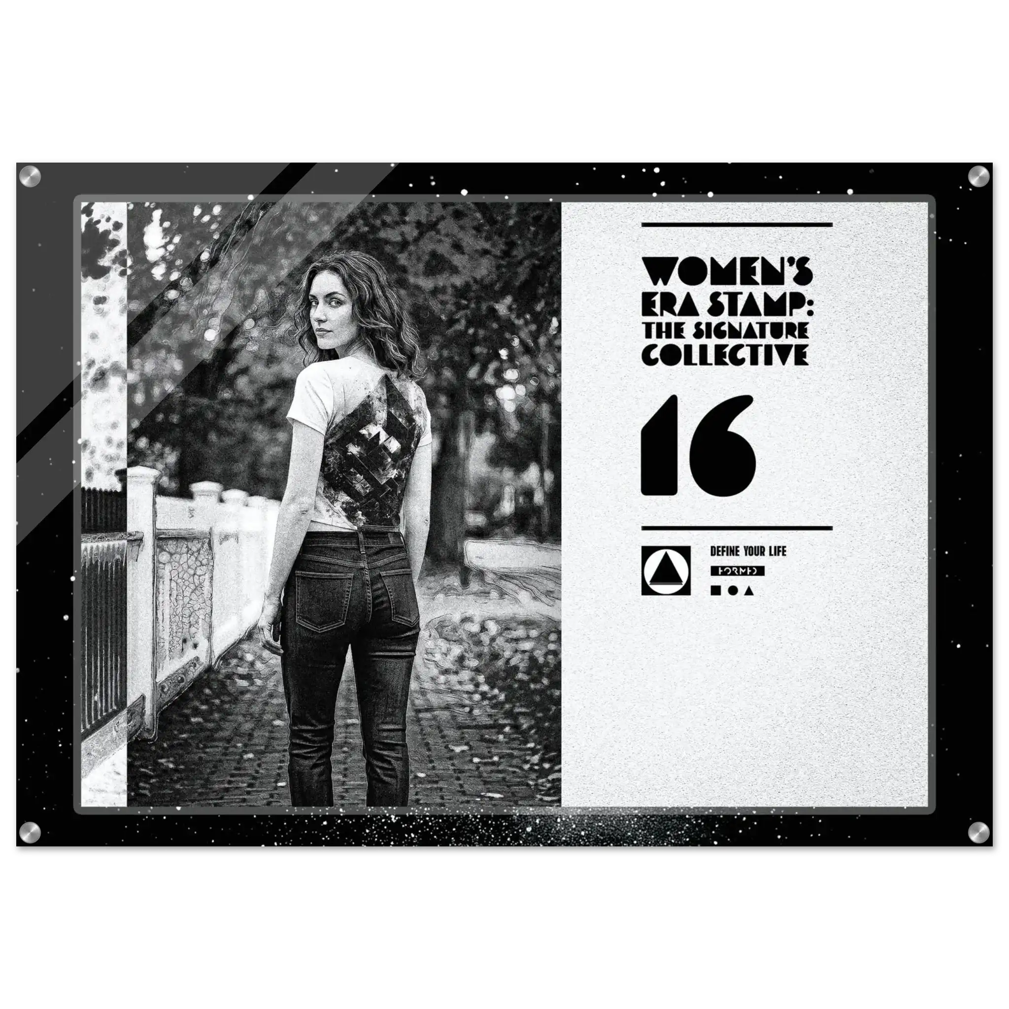 Black and white photo of a woman outdoors with a branded graphic on the right.