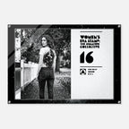 Poster with a woman standing outdoors, featuring 'Women's Era Stamp' branding.