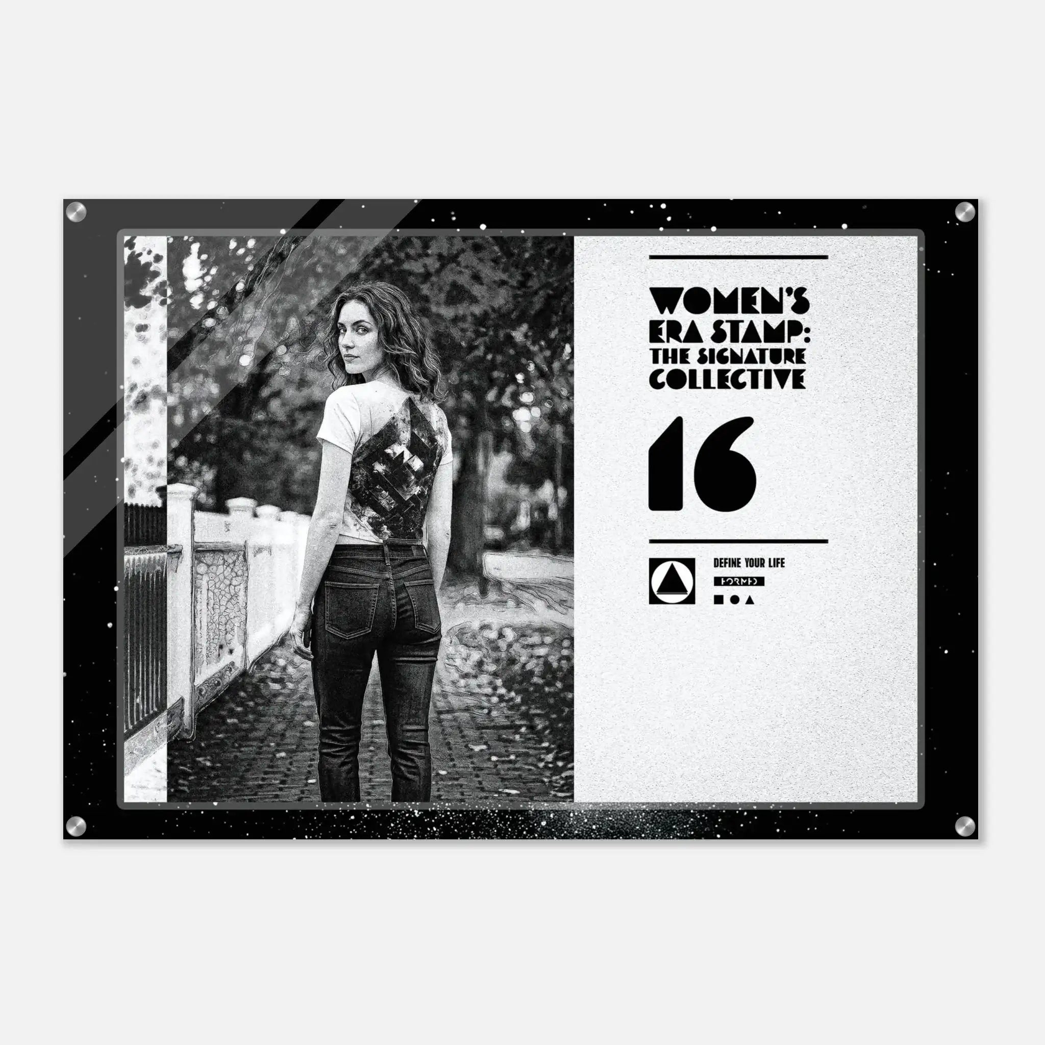 Poster with a woman standing outdoors, featuring 'Women's Era Stamp' branding.