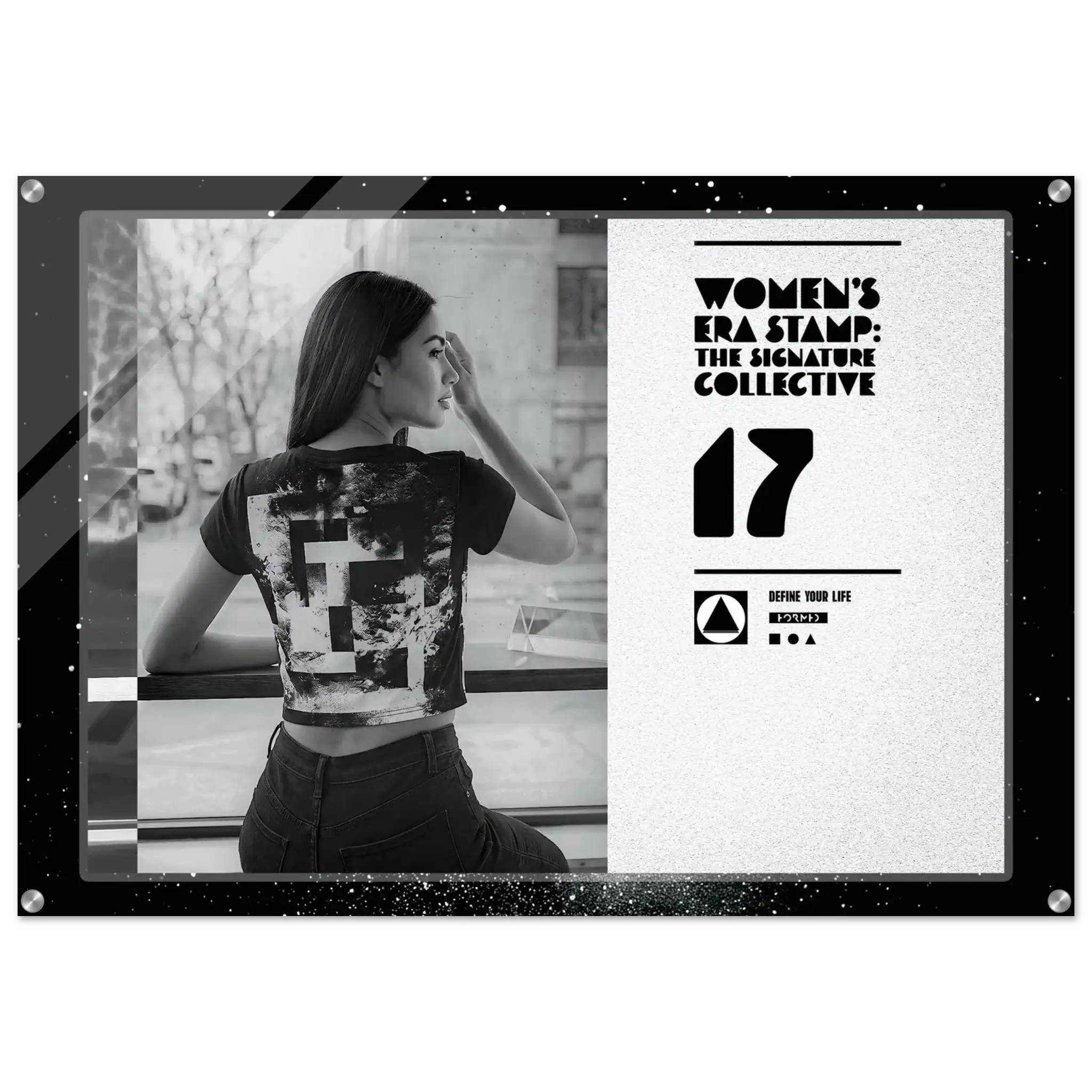 Woman wearing a patterned top with a visible brand logo on a branded background