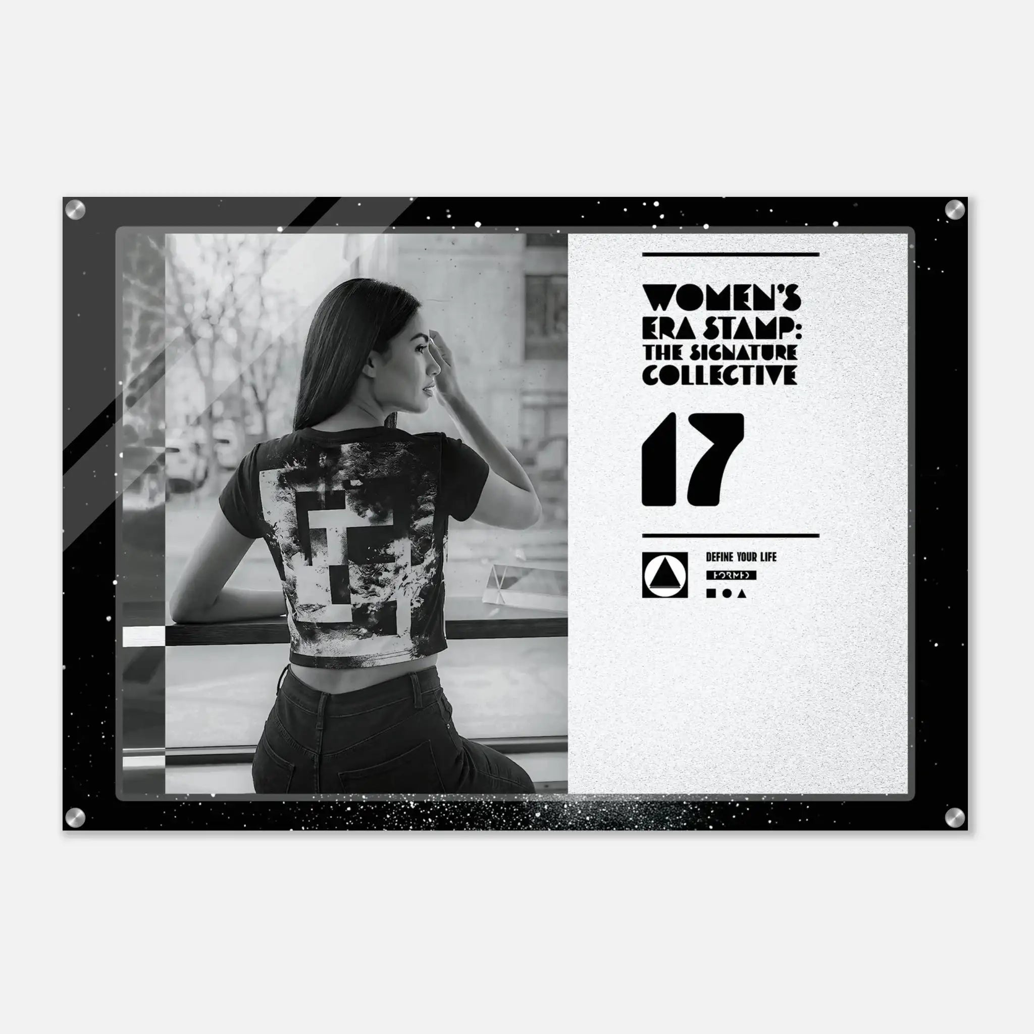 Poster with a woman wearing a patterned top, text 'Women's Era Stamp: The Signature Collective', and logo on a white background.
