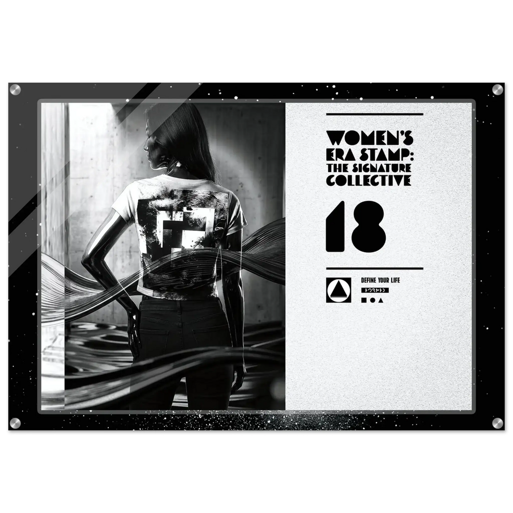 Black and white poster with a person wearing a branded t-shirt, featuring text and logos.