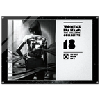 Black and white poster with a person wearing a branded t-shirt, featuring text and logos.