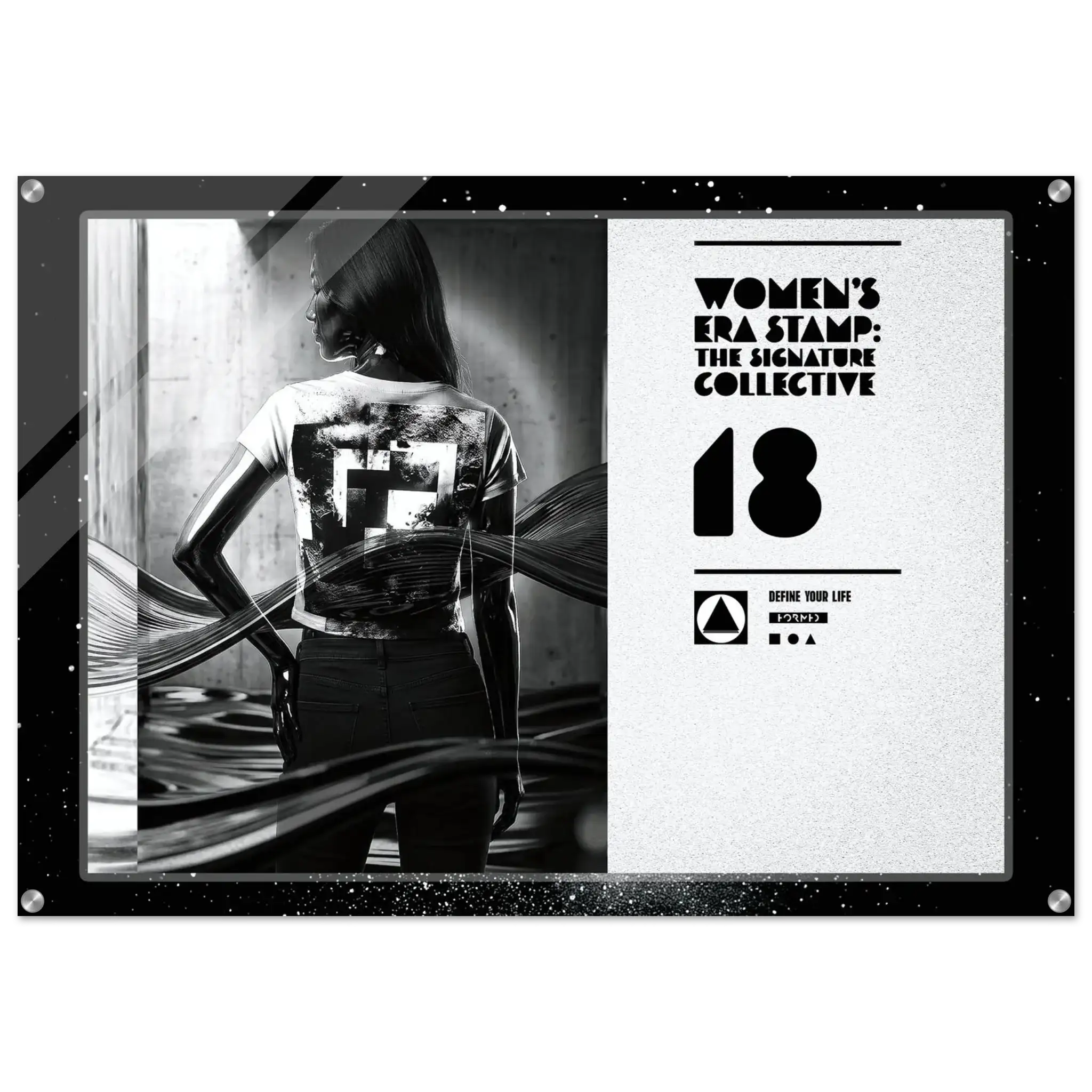 Black and white poster with a person wearing a branded t-shirt, featuring text and logos.