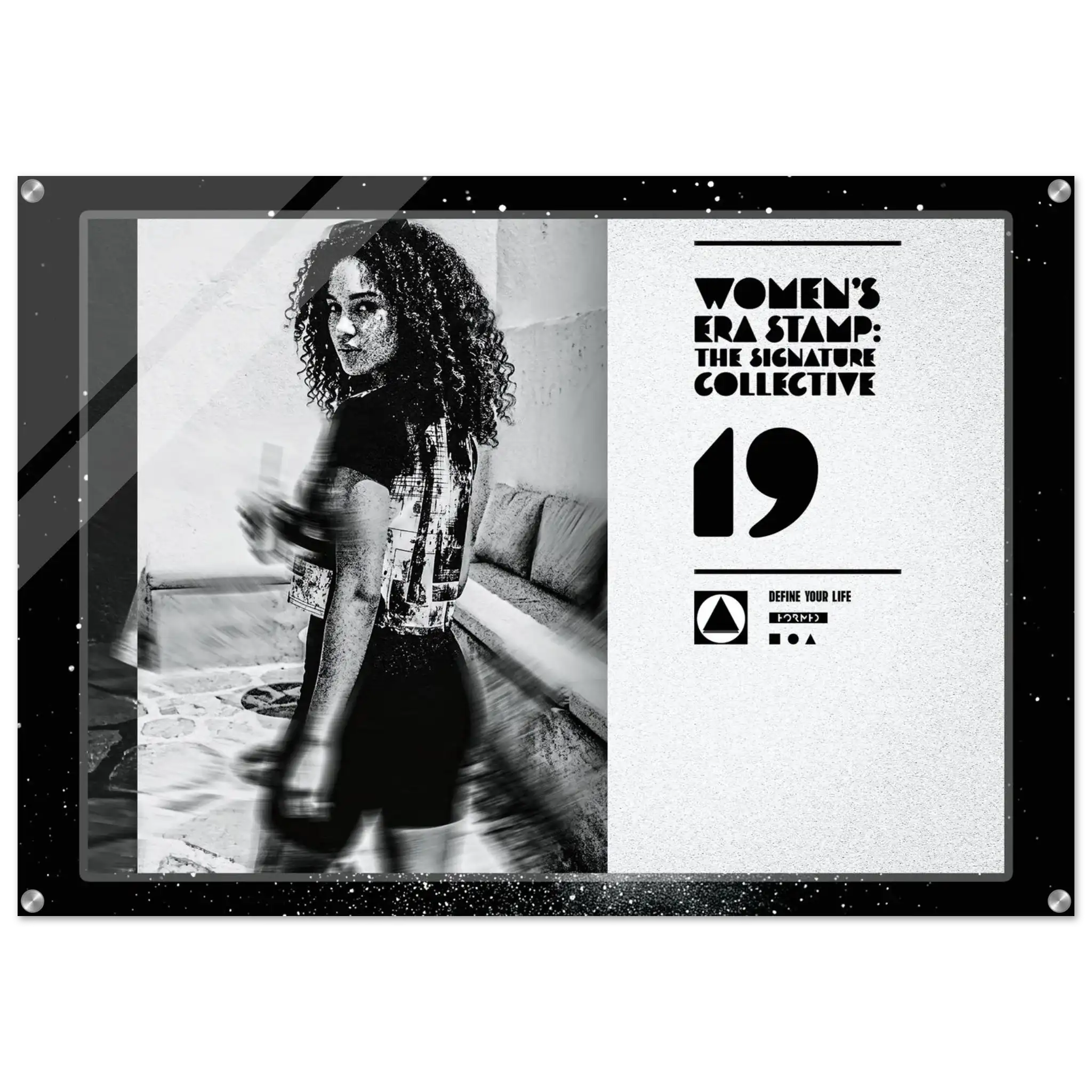 Framed black and white photo of a woman with text on a white background