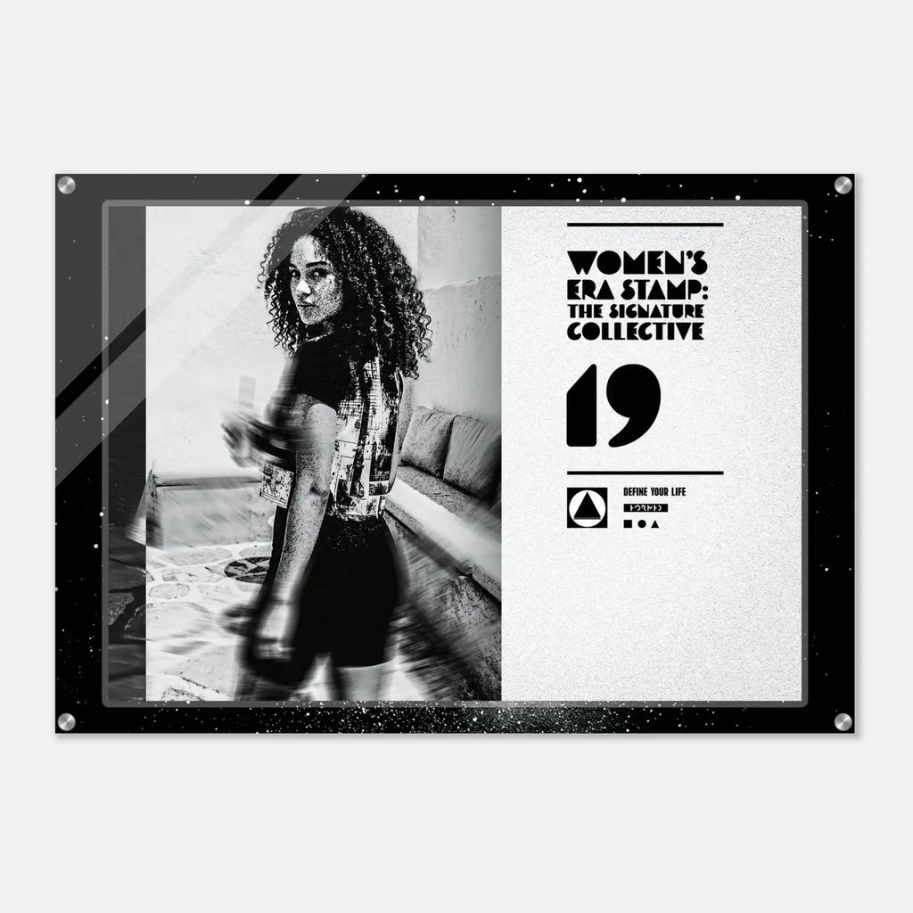 Poster with a woman in a room and text about 'Women's Era Stamp: The Signature Collective' on a white background.