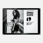 Poster with a woman in a room and text about 'Women's Era Stamp: The Signature Collective' on a white background.
