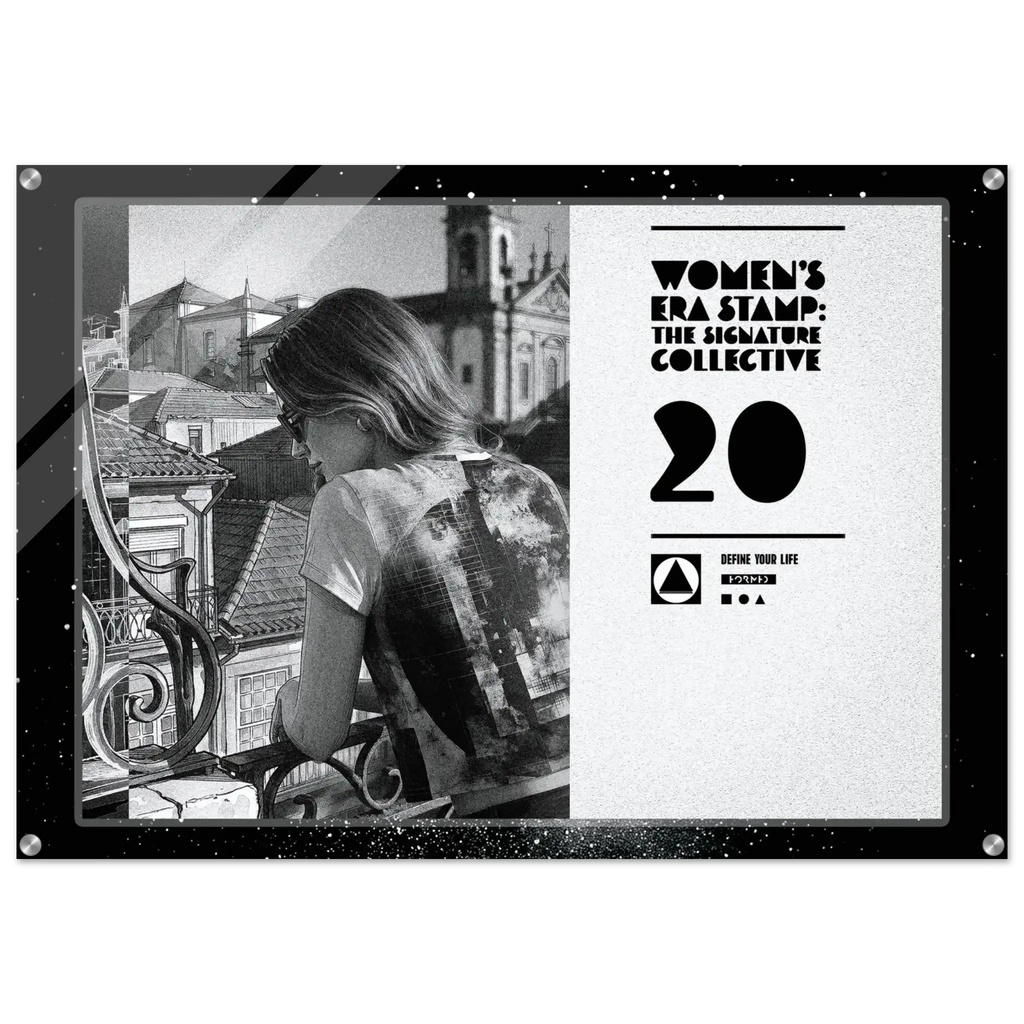 Poster with a woman looking out over rooftops and branding for 'Women's Era Stamp: The Signature Collective'.