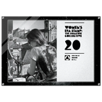 Poster with a woman looking out over rooftops and branding for 'Women's Era Stamp: The Signature Collective'.
