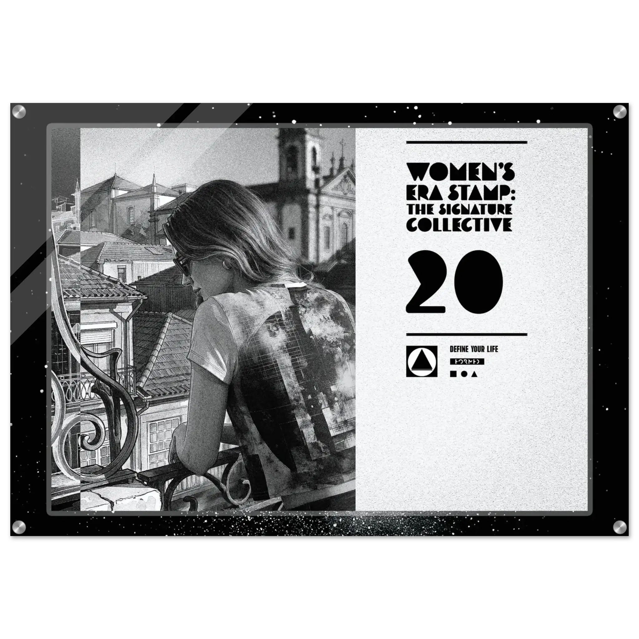 Poster with a woman looking out over rooftops and branding for 'Women's Era Stamp: The Signature Collective'.
