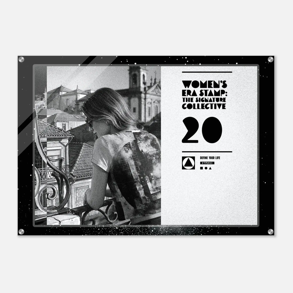 Poster with a woman on a balcony and text about 'Women's Era Stamp' on a white background