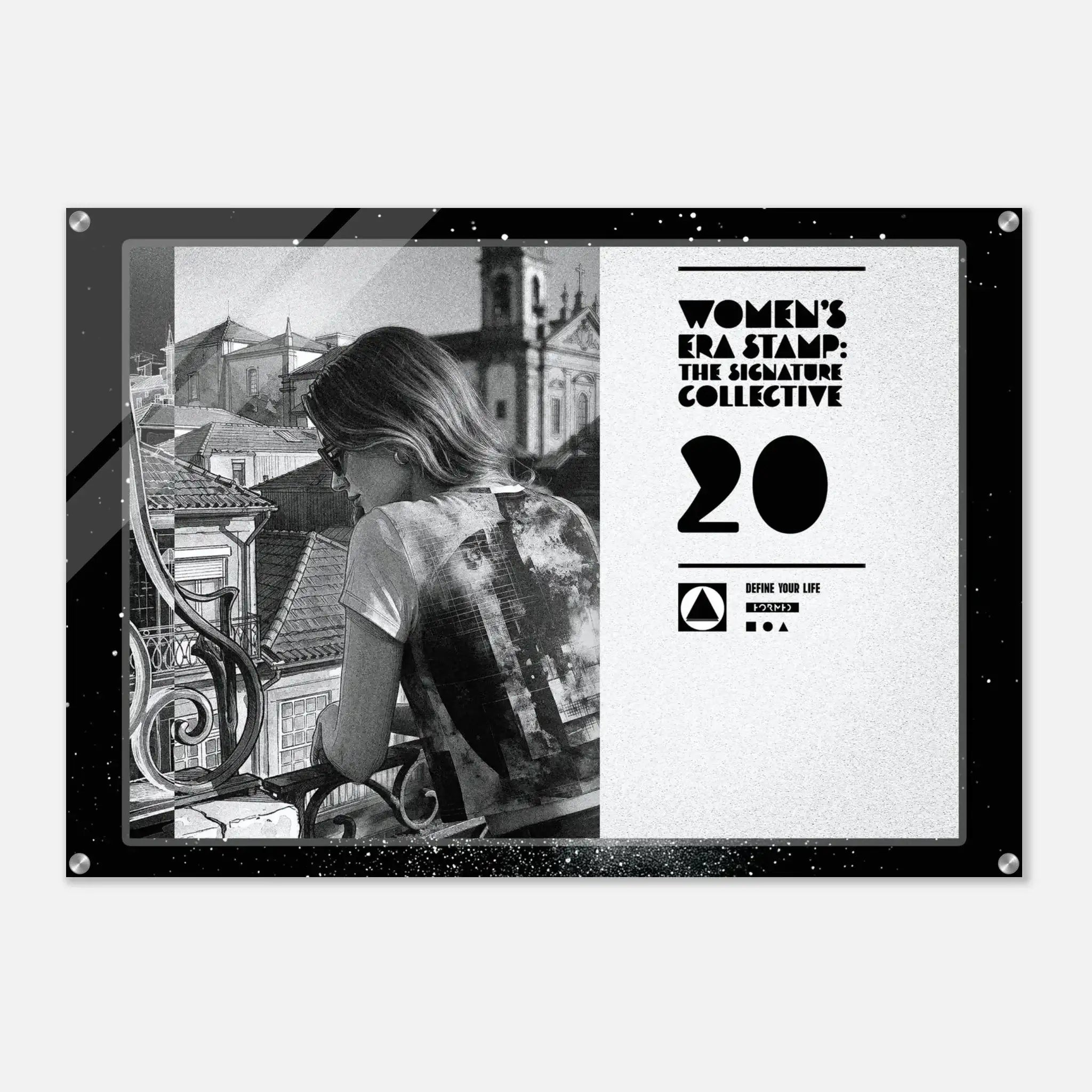 Poster with a woman on a balcony and text about 'Women's Era Stamp' on a white background