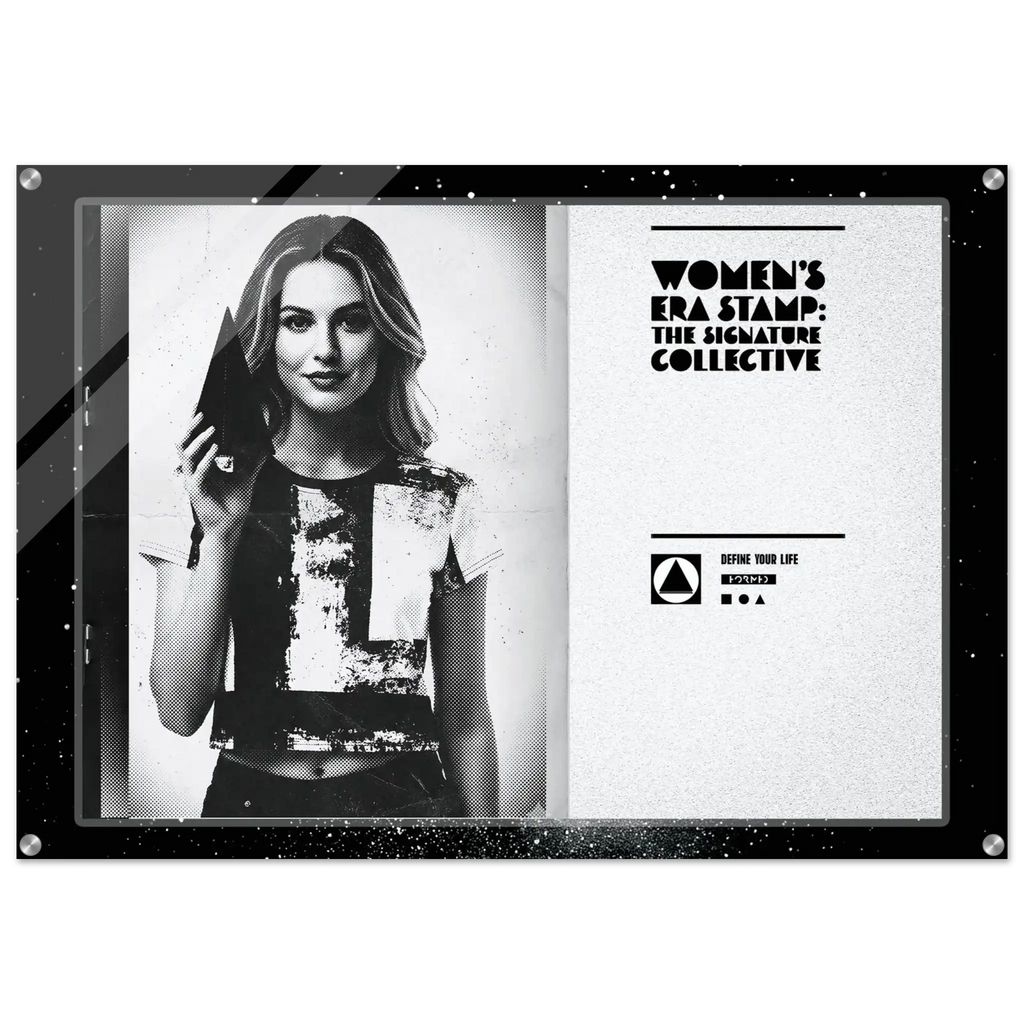 Framed poster with a woman's portrait and text on a white background