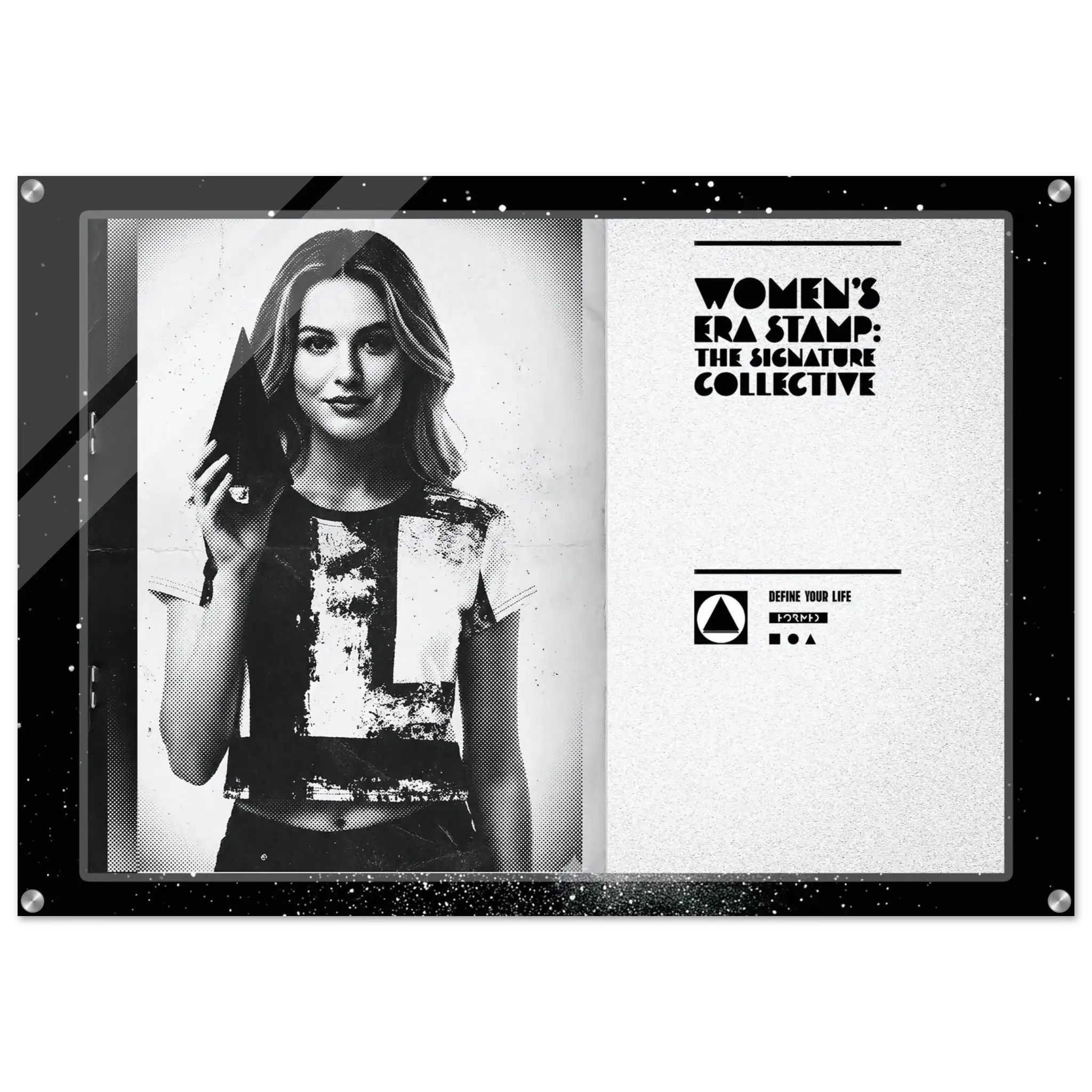Framed poster with a woman's portrait and text on a white background