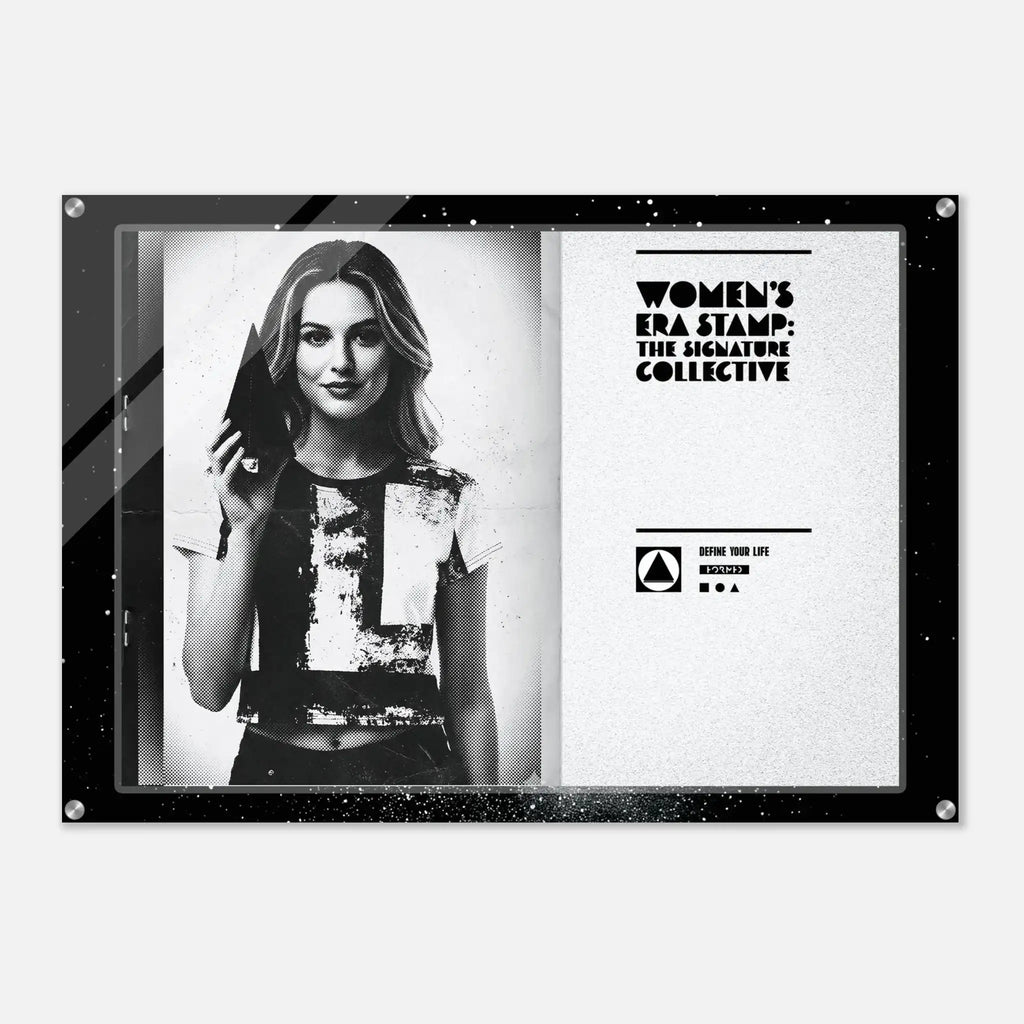 Black and white poster with a woman holding a gun, featuring 'Women's Era Stamp: The Signature Collective' branding.
