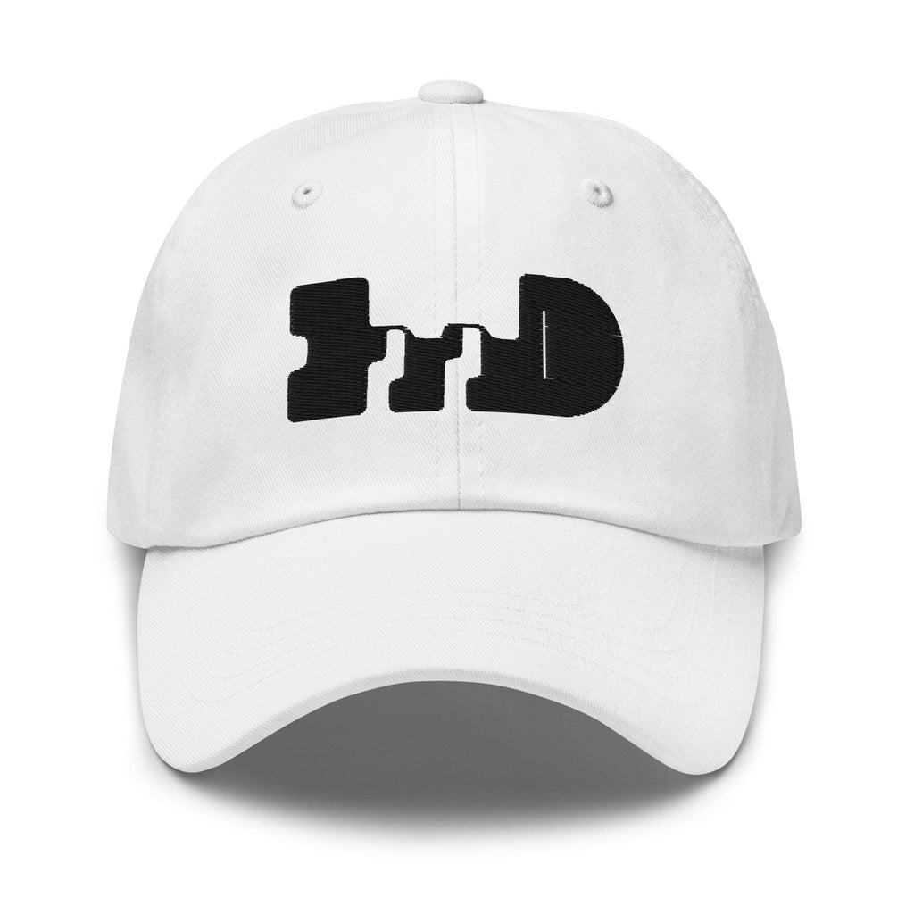 White baseball cap with dark negative-space logo patch, front three-quarter view — Form Finding Design