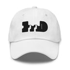 White baseball cap with dark negative-space logo patch, front three-quarter view — Form Finding Design