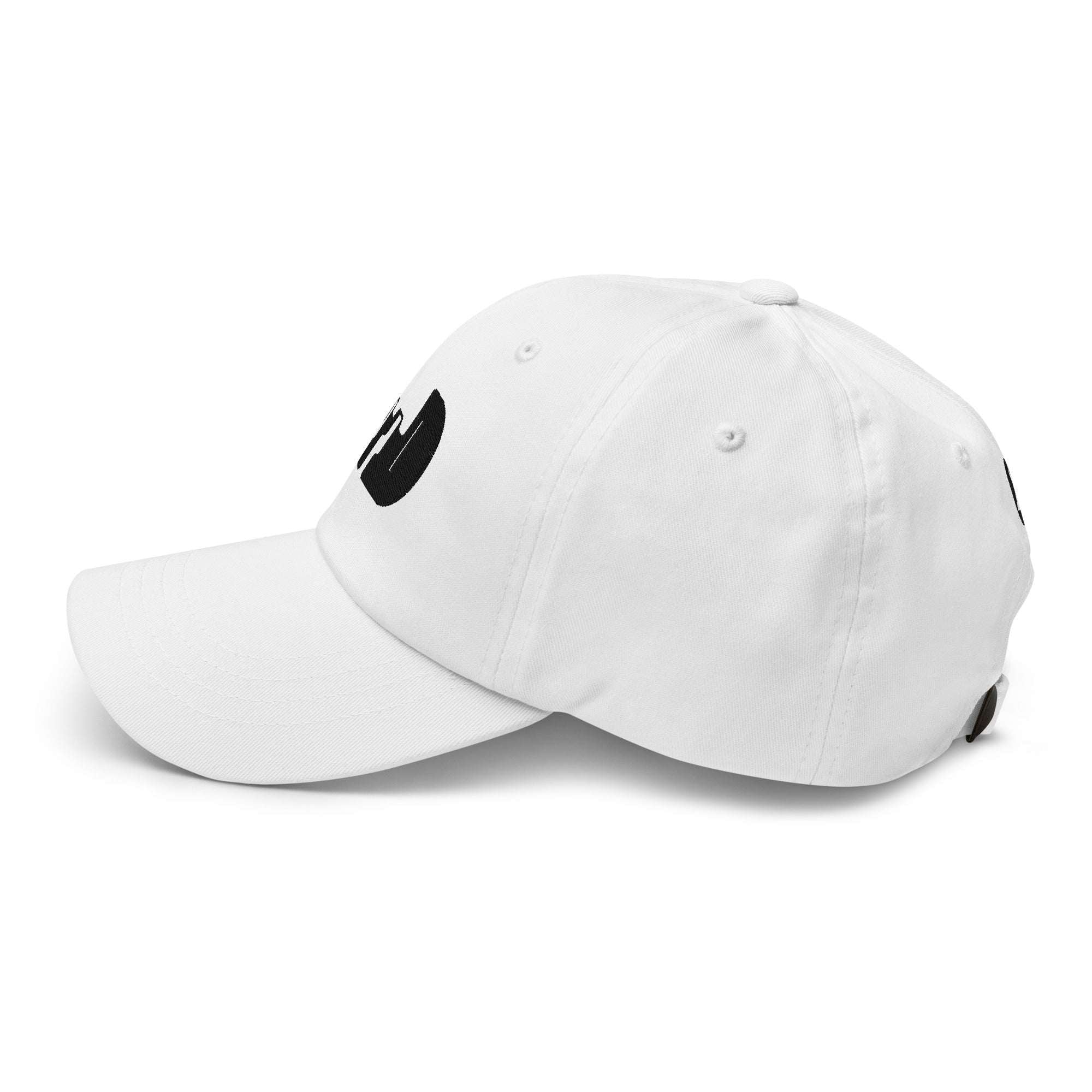 White cap angled side view with negative-space logo emerging at the seam from Form Finding Design