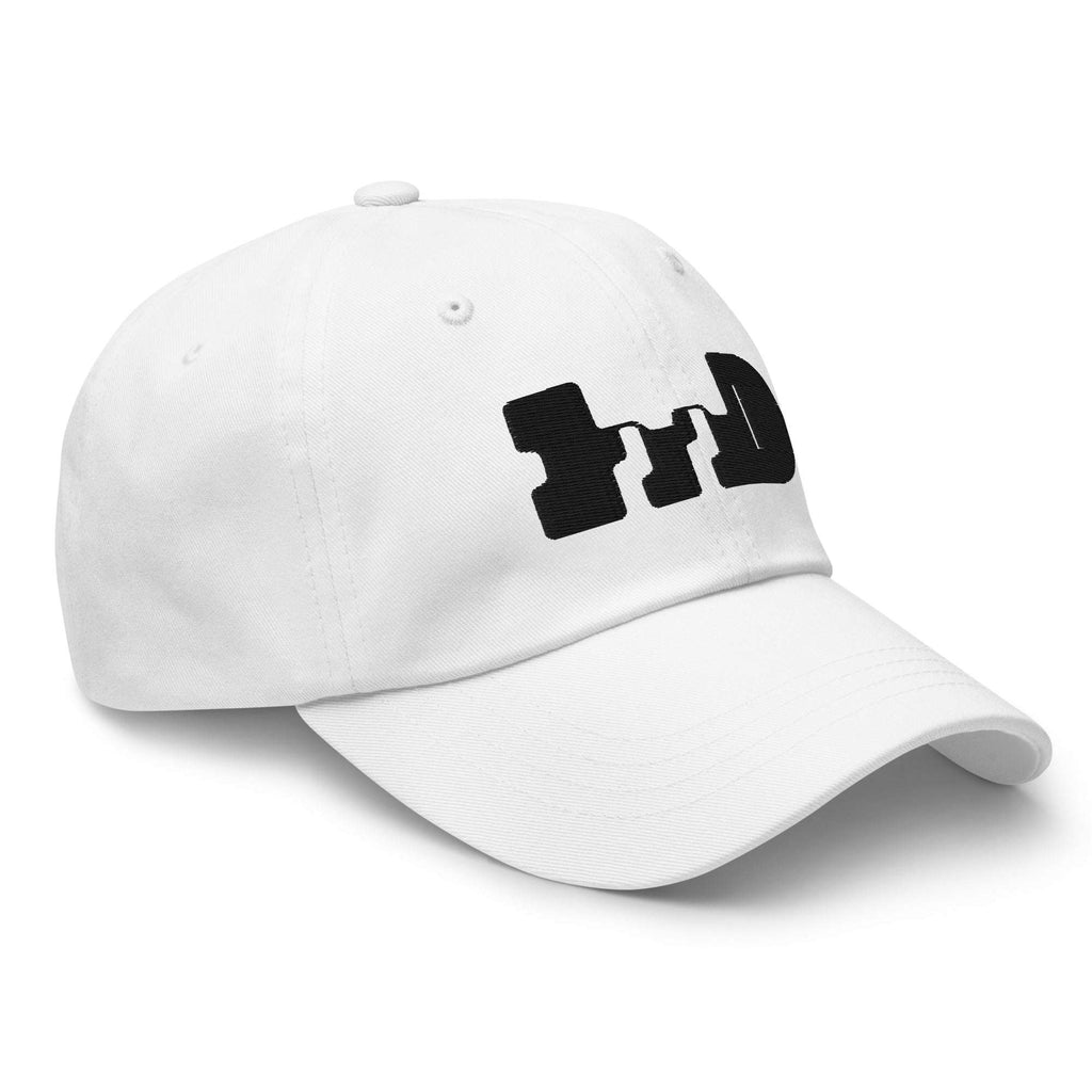 White cap three-quarter angle view showing the full negative-space logo from Form Finding Design