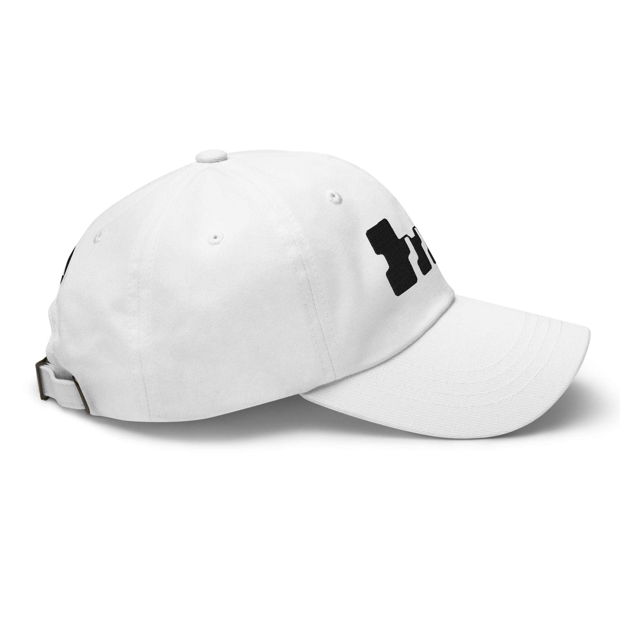 White cap side profile view showing curved brim and hint of front logo