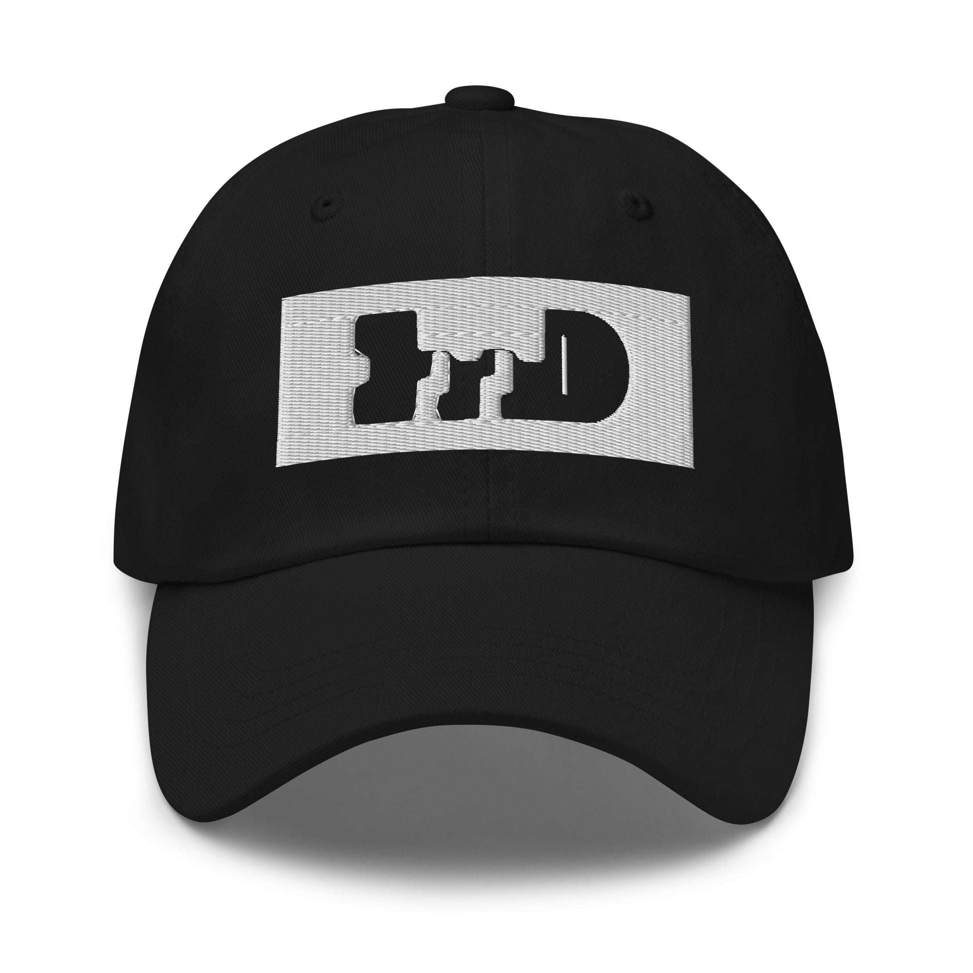 Black baseball cap with light negative-space logo patch, front three-quarter view — Form Finding Design