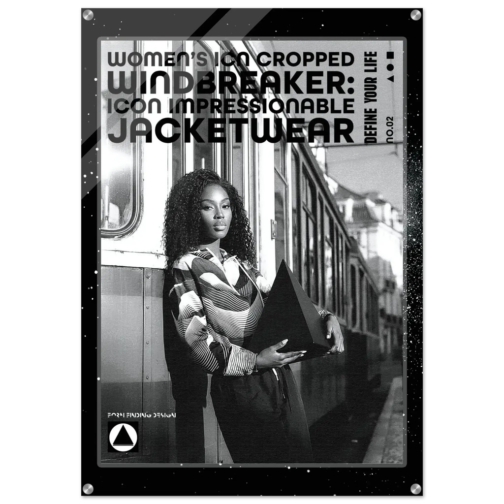 A black and white promotional poster-style image for women's cropped windbreaker jacketwear, featuring a woman standing beside a train and holding a dark jacket. Large text reads 'WOMEN'S CROPPED WINDBREAKER: ICON IMPRESSIONABLE JACKETWEAR' with smaller text 'DEFINE YOUR LIFE'.