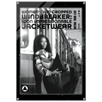 A black and white promotional poster-style image for women's cropped windbreaker jacketwear, featuring a woman standing beside a train and holding a dark jacket. Large text reads 'WOMEN'S CROPPED WINDBREAKER: ICON IMPRESSIONABLE JACKETWEAR' with smaller text 'DEFINE YOUR LIFE'.