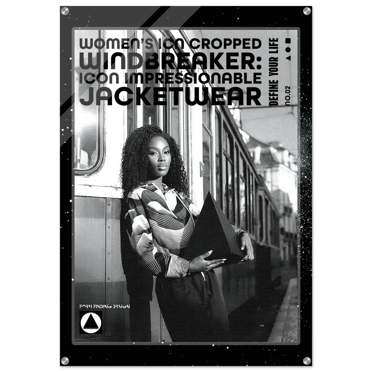 A black and white promotional poster-style image for women's cropped windbreaker jacketwear, featuring a woman standing beside a train and holding a dark jacket. Large text reads 'WOMEN'S CROPPED WINDBREAKER: ICON IMPRESSIONABLE JACKETWEAR' with smaller text 'DEFINE YOUR LIFE'.