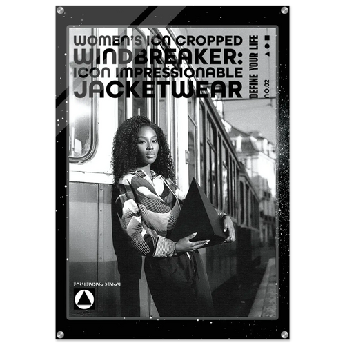A black and white promotional poster-style image for women's cropped windbreaker jacketwear, featuring a woman standing beside a train and holding a dark jacket. Large text reads 'WOMEN'S CROPPED WINDBREAKER: ICON IMPRESSIONABLE JACKETWEAR' with smaller text 'DEFINE YOUR LIFE'.