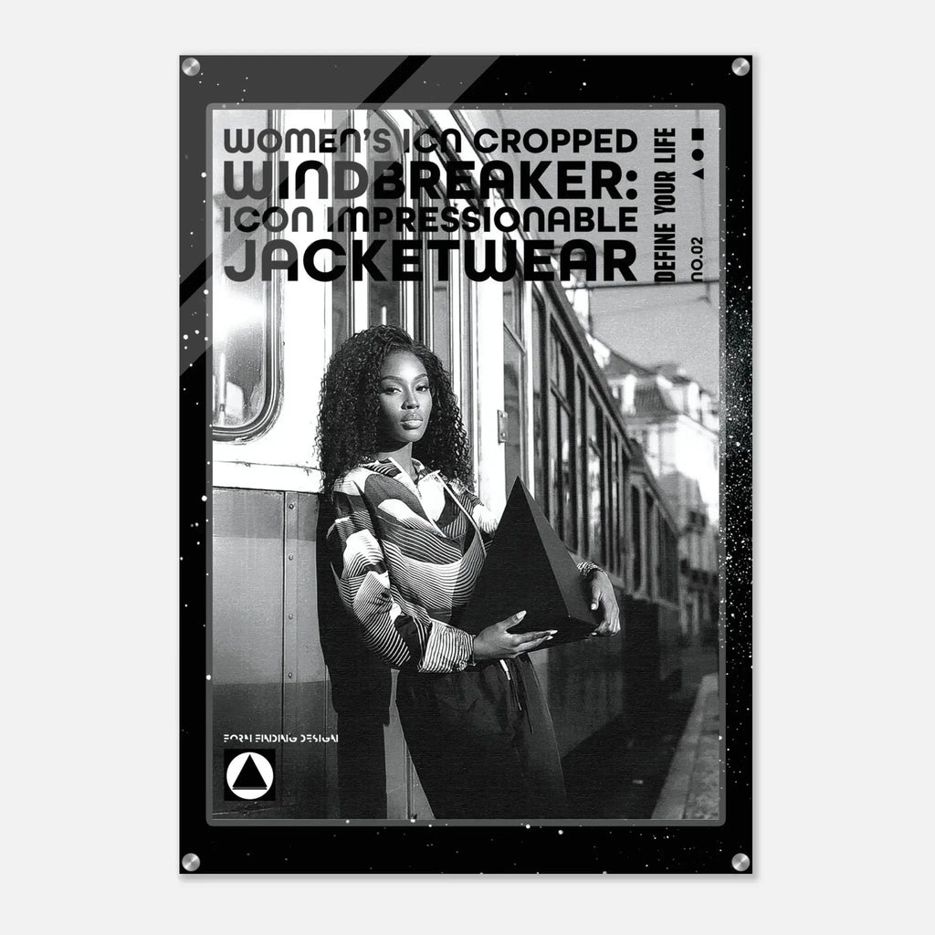A black-framed poster or print featuring a black-and-white photograph of a woman standing beside a train, with large text reading 'WOMEN'S ICON CROPPED WINDBREAKER: ICON IMPRESSIONABLE JACKETWEAR' and smaller text 'DEFINE YOUR LIFE'.