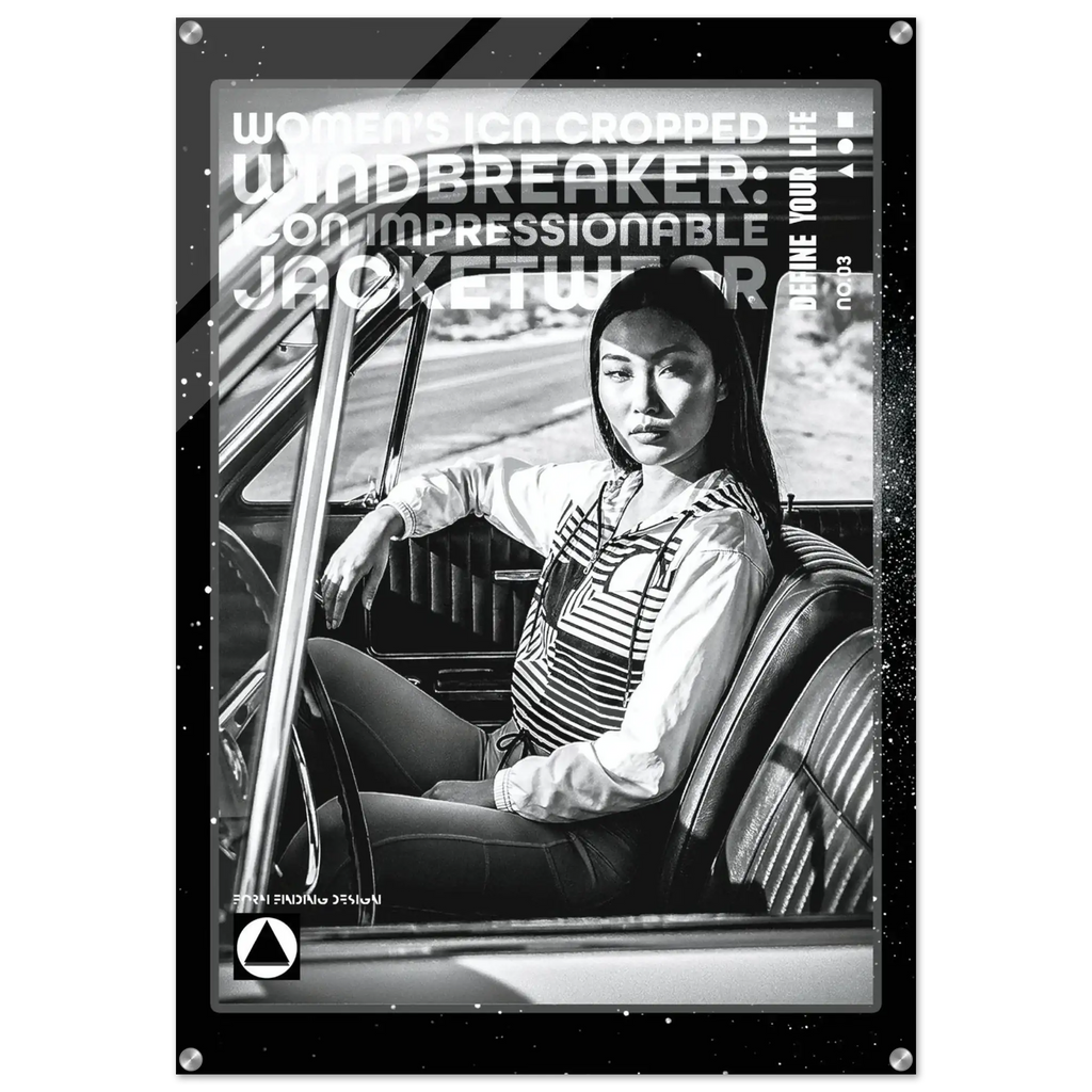 A black and white fashion poster or print featuring a seated woman in a car interior, with large overlaid text reading 'WOMEN'S ICON CROPPED WINDBREAKER: IMPRESSIONABLE JACKETWEAR'. The poster has a dark border and is shown against a light neutral background.