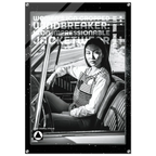 A black and white fashion poster or print featuring a seated woman in a car interior, with large overlaid text reading 'WOMEN'S ICON CROPPED WINDBREAKER: IMPRESSIONABLE JACKETWEAR'. The poster has a dark border and is shown against a light neutral background.