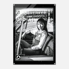 A black and white poster print featuring a woman sitting in a car interior, with bold text overlays including 'WOMEN'S ICON CROPPED WINDBREAKER: ICON IMPRESSIONABLE JACKETWEAR' and 'DEFINE YOUR LIFE.' The poster is shown hanging against a light gray wall.