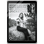 A vertical product display card or poster for women's icon cropped jacketwear, featuring a black-and-white photo of a woman sitting on a rock outdoors, with large text reading 'WOMEN'S ICON CROPPED WINDBREAKER ICON IMPRESSIONABLE JACKETWEAR' and a small logo at the bottom.