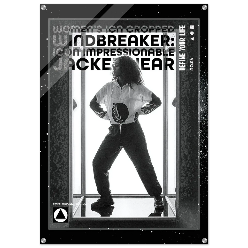 A black and white promotional poster or cover art for 'Women's Icon Cropped Windbreaker: Icon Impressionable Jacketwear' featuring a high-contrast monochrome photo of a person in a white cropped jacket and dark pants, framed by a metallic border with text and small circular icons.