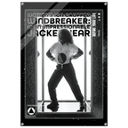 A black and white promotional poster or cover art for 'Women's Icon Cropped Windbreaker: Icon Impressionable Jacketwear' featuring a high-contrast monochrome photo of a person in a white cropped jacket and dark pants, framed by a metallic border with text and small circular icons.