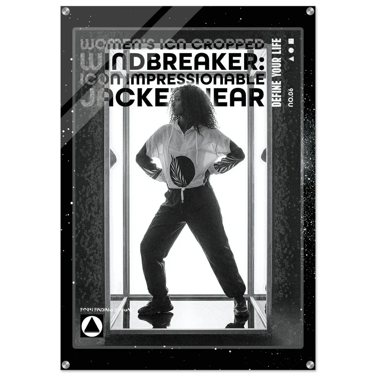 A black and white promotional poster or cover art for 'Women's Icon Cropped Windbreaker: Icon Impressionable Jacketwear' featuring a high-contrast monochrome photo of a person in a white cropped jacket and dark pants, framed by a metallic border with text and small circular icons.