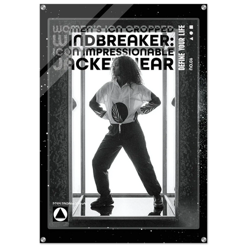A black and white promotional poster or cover art for 'Women's Icon Cropped Windbreaker: Icon Impressionable Jacketwear' featuring a high-contrast monochrome photo of a person in a white cropped jacket and dark pants, framed by a metallic border with text and small circular icons.