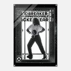 A black and white poster-style product featuring a silhouetted person standing in front of vertical bars, with large text reading 'WOMEN'S ICON CROPPED WINDBREAKER: ICON IMPRESSIONABLE JACKETWEAR' and smaller text 'DEFINE YOUR LIFE.' The poster has a dark border with small metallic corner details and is shown against a light gray background.