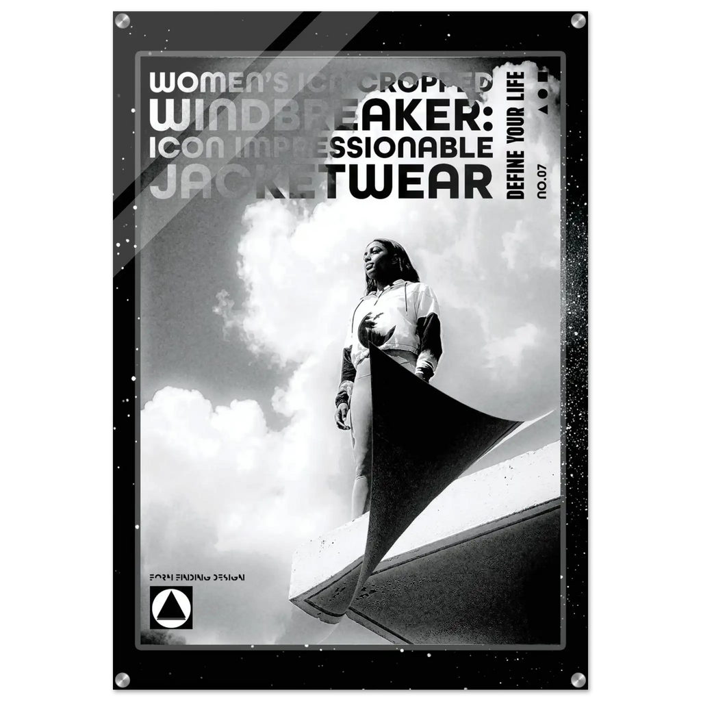 A black and white poster-style product image for women's icon-cropped windbreaker jacketwear, featuring a monochrome photo of a person wearing a cropped jacket against a cloudy sky, with large overlaid text reading 'WOMEN'S ICON CROPPED WINDBREAKER: ICON IMPRESSIONABLE JACKETWEAR' and 'DEFINE YOUR LIFE.'.