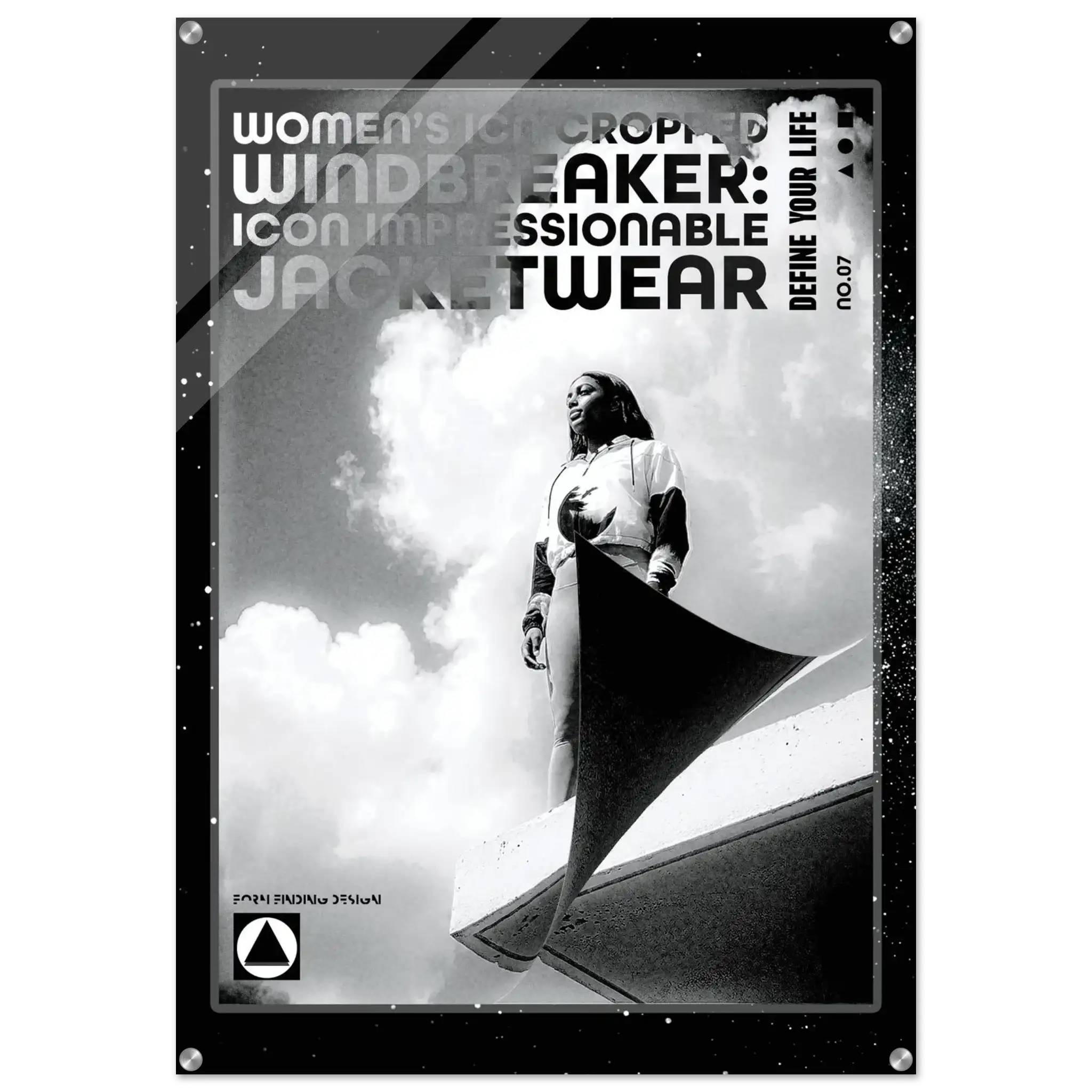 A black and white poster-style product image for women's icon-cropped windbreaker jacketwear, featuring a monochrome photo of a person wearing a cropped jacket against a cloudy sky, with large overlaid text reading 'WOMEN'S ICON CROPPED WINDBREAKER: ICON IMPRESSIONABLE JACKETWEAR' and 'DEFINE YOUR LIFE.'.