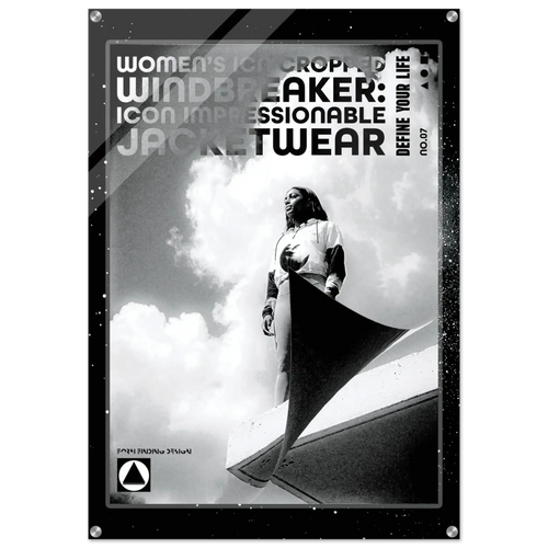 A black and white poster-style product image for women's icon-cropped windbreaker jacketwear, featuring a monochrome photo of a person wearing a cropped jacket against a cloudy sky, with large overlaid text reading 'WOMEN'S ICON CROPPED WINDBREAKER: ICON IMPRESSIONABLE JACKETWEAR' and 'DEFINE YOUR LIFE.'.