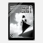 A black and white fashion poster featuring a model wearing a windbreaker jacket, with bold text reading 'WOMEN'S ICON CROPPED WINDBREAKER: ICON IMPRESSIONABLE JACKETWEAR' and 'DEFINE YOUR LIFE'.