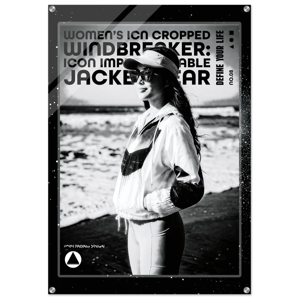 A black and white fashion poster featuring a woman wearing a windbreaker jacket and cap on a beach, surrounded by a distressed black frame with text including 'WOMEN'S ICON CROPPED WINDBREAKER ICON IMPRESSIONABLE JACKETWEAR' and 'DEFINE YOUR LIFE'.