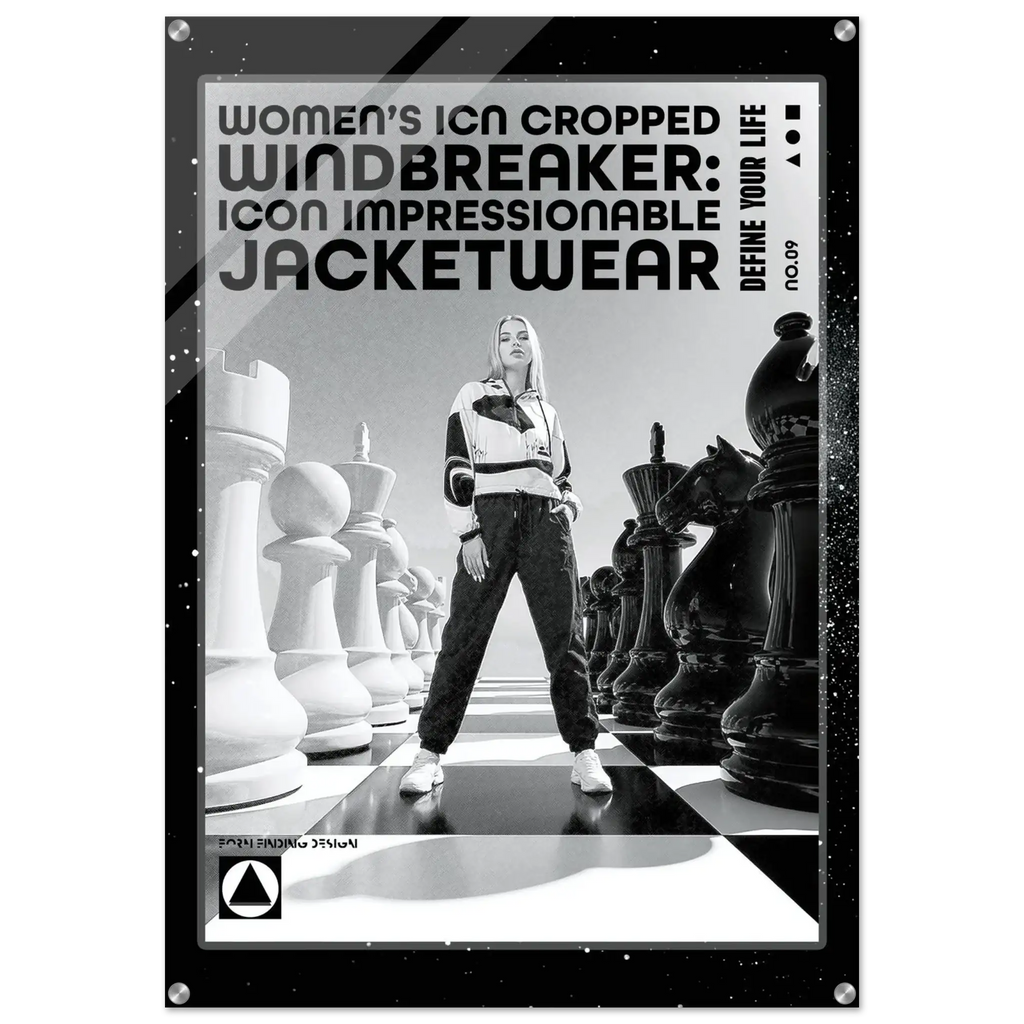 A black and white fashion poster-style graphic for women's icon-cropped windbreaker jacketwear, featuring a model standing on a chessboard with chess pieces in the background. The text reads 'WOMEN'S ICON CROPPED WINDBREAKER: ICON IMPRESSIONABLE JACKETWEAR'.