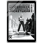 A black and white fashion poster-style graphic for women's icon-cropped windbreaker jacketwear, featuring a model standing on a chessboard with chess pieces in the background. The text reads 'WOMEN'S ICON CROPPED WINDBREAKER: ICON IMPRESSIONABLE JACKETWEAR'.
